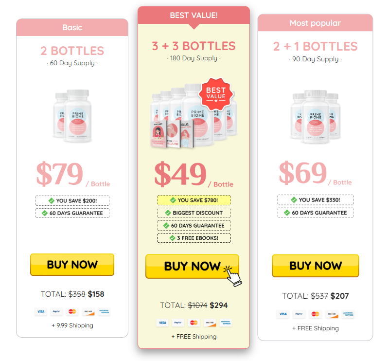 PrimeBiome pricing packages - 1 bottle, 3 bottles, and 6 bottles pricing options